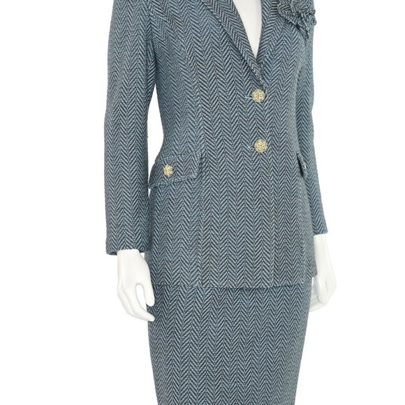 St. John Collection 2Pc Herringbone Jacket & Skirt Suit in Light Blue/Charcoal - Picture 7 of 13